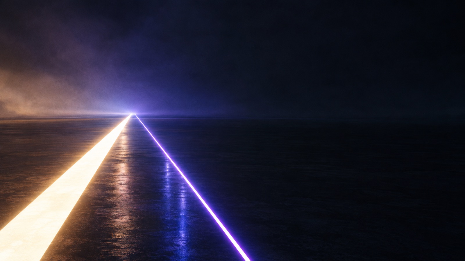 Ein breiter warmer und ein schmaler violetter Lichtweg laufen auf denselben Punkt am Horizont zu